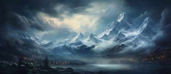 Scenic artwork depicting a serene lake nestled amidst a majestic mountain range in the backdrop