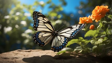 An English Aspiration for change and ambition for improvement and success as a metaphor for growth and transformation as a butterfly casting a shadow of a flying bird. The image depicts a serene outdo