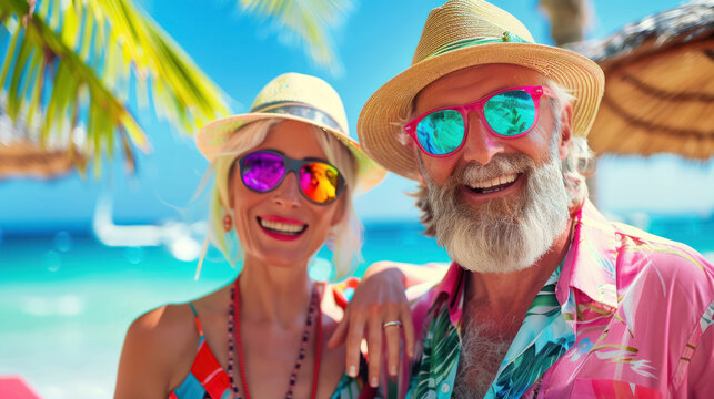 Cheerful Mature Couple In Colorful Beachwear With Reflective Sunglasses At Tropical Resort