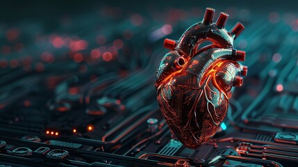Anatomy of human heart on ecg medical background. 3d render. Heart in technological theme concept.