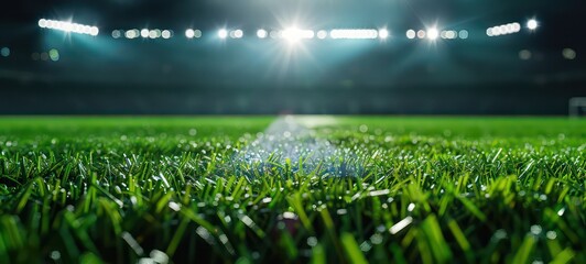 Football stadium with lights - grass close up in sports arena - background - obrazy, fototapety, plakaty
