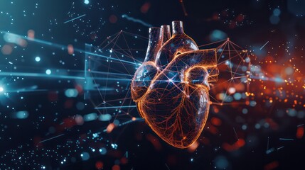 Illustration of a human heart in the center of a data network - medical data management - connected health data - obrazy, fototapety, plakaty
