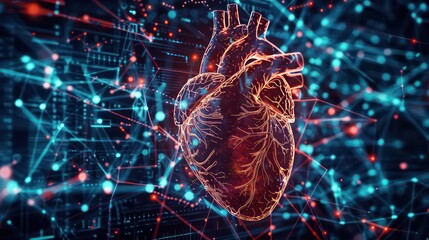 Illustration of a human heart in the center of a data network - medical data management - connected health data