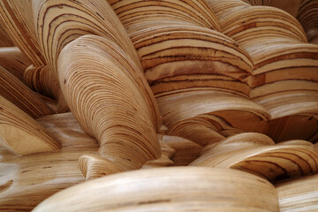A close-up view of a complex, sculptural wooden structure with overlapping whorls and layered patterns showcasing the natural grain and texture of wood. 