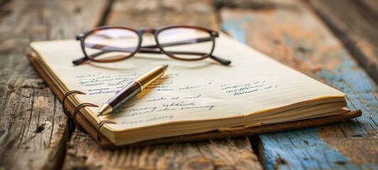 Business pen glasses notebook. Productivity in Simplicity - Classic Notebook and Pen with Eyeglasses on Wooden Desk - Office Serenity