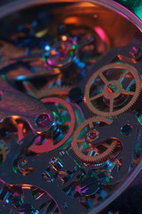 Close up detail of a macro clockwork inside a shiny iron wristwatch with sapphire rear glass bottom.