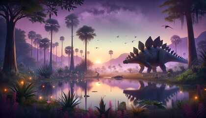 Twilight with stegosaurus by prehistoric watering hole

