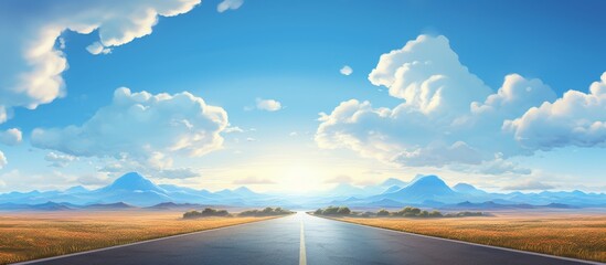 A long road stretching forward towards towering mountains in the far distance under the vast sky