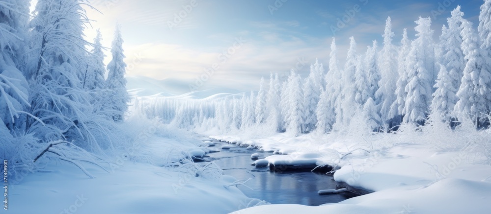Poster tranquil winter scene of a dense forest covered in snow with a gentle stream running through the mid