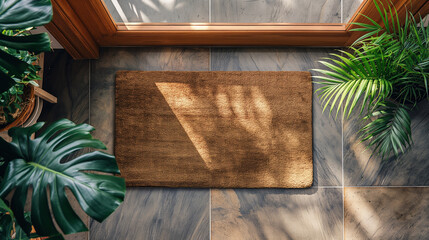 Blank Welcome Mat At Custom Front Door of House. Generative AI. - 774499064