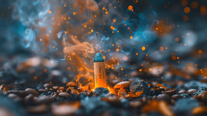 A orange firecracker flashes beautiful sparks, the parks are made by coffee beans,generative ai - obrazy, fototapety, plakaty