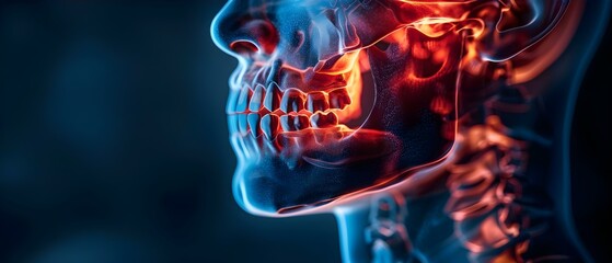 The jaw joint nerve helps coordinate jaw muscle movement and chewing damage or inflammation can affect function. Concept Anatomy, Jaw Joint Nerve, Muscle Coordination, Chewing, Inflammation - obrazy, fototapety, plakaty