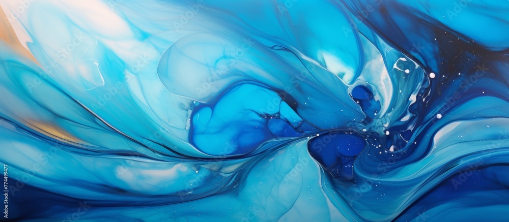 Poster blue and white swirls and bubbles create a mesmerizing abstract painting set against a dark black ba
