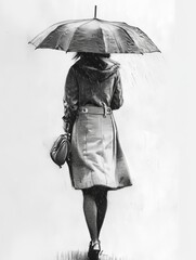 Silhouette of girl in an autumn coat with umbrella, drawn in black and white pencil, back view