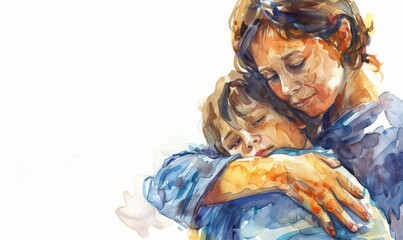 Watercolor illustration of a mother and son hugging each other on a white background