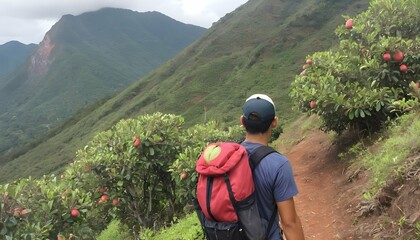A Guava With A Backpack Hiking Up A Mountain  3 - obrazy, fototapety, plakaty