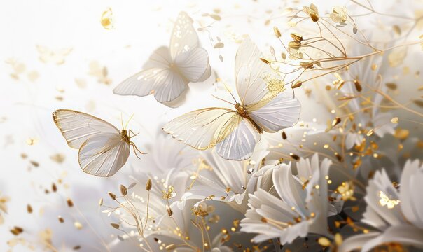 White butterflies on white with gold tint flowers painted with oil