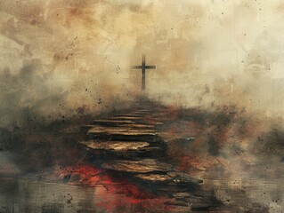 An artistic representation blending digital footprints into a cross on a pathway, symbolizing faith's digital evolution.