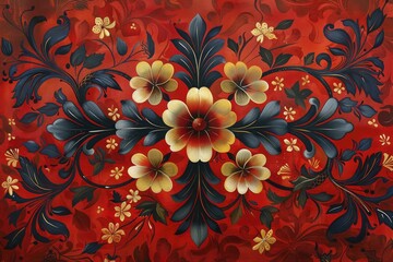 Exploring the fusion of Russian Khokhloma motifs with minimalist crosses, radiating prosperity in patterned elegance on a crimson backdrop.