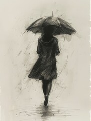 Black and white girl silhouette in autumn coat with umbrella, back view, pencil drawing