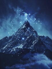 Clean graphic of a mountain with a digital cross at its peak, on a faith summit background, concept for achieving spiritual heights through faith and technology.