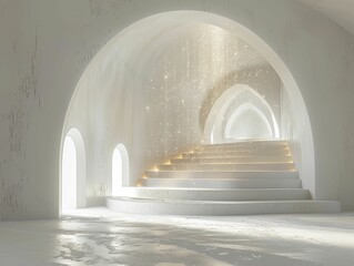 Clean graphic of an open tomb with light emanating and forming data streams, on a soft grey background, concept for enlightenment and knowledge.