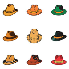 set of hat vector designs, isolated, illustration, icon, headset, headdress, head, hat, handsome, group, graphic, graduation, gentleman, fashion, design, cylinder, cowboy, costume, collection, cloth