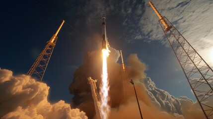 Rocket Launching Into the Sky With Clouds