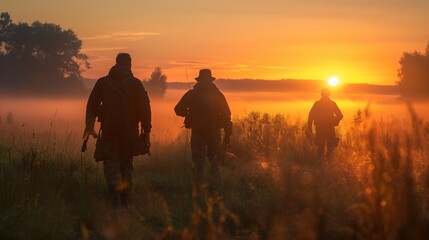 Group of People Walking Through Field at Sunset
