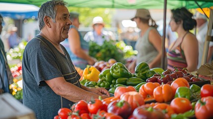 Man Selling Fresh Produce at a Bustling Outdoor Farmers Market in Summer