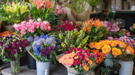 Colorful Display of Fresh Flowers at a Local Street Market on a Sunny Day