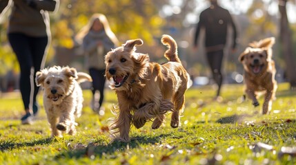 Energetic Dogs Enjoying a Playful Run in a Sunny Park During Autumn - obrazy, fototapety, plakaty