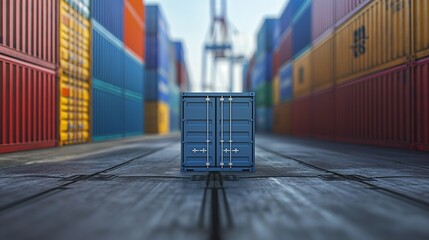 Close-Up View of a Blue Shipping Container in a Vibrant Container Yard During Daytime - Powered by Adobe