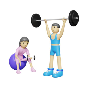 cartoon character fitness man doing deadlifting barbells overhead with woman lifting dumbbell in gym 3d render isolated transparent