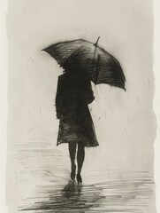 Silhouetted girl in autumn coat with umbrella, black and white pencil drawing, back view