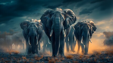 Herd of Mighty African Elephants Traversing the Wilderness in Dramatic Light - obrazy, fototapety, plakaty