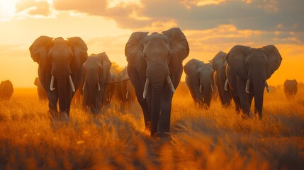 Majestic Herd of African Elephants Traversing the Golden Savannah at Sunset - obrazy, fototapety, plakaty