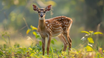 Spotted Fawn in Lush Green Meadow of Wildlife Sanctuary