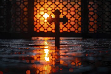 Architectural savings strategies emerge under a sunset-orange sky with a cross silhouetted against intricate Moroccan lattice work. - obrazy, fototapety, plakaty