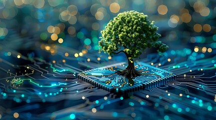 Eco friendly technology concept with tree growing on blue digital circuit board 