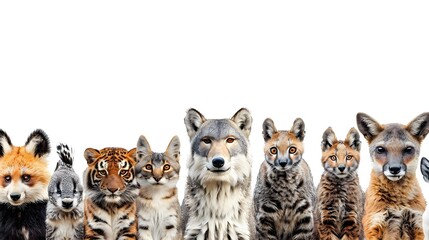 Diverse Group of Captivating Wild Zoo Animals Together in Harmonic Coexistence over a White Horizontal Banner or Social Media Cover - obrazy, fototapety, plakaty