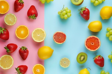 Colorful fruits arranged on pink and blue background

