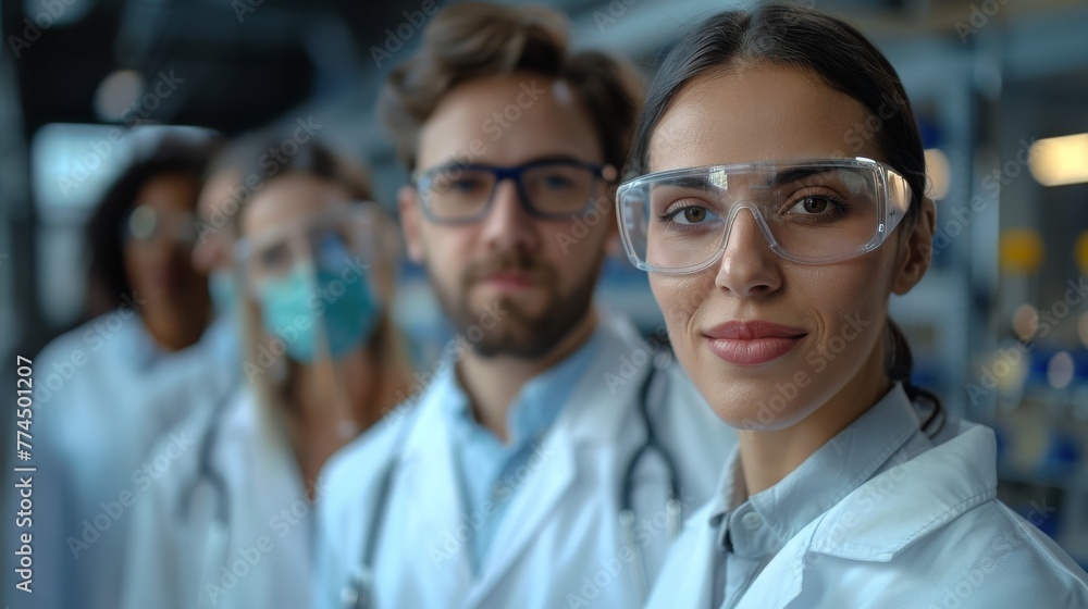 Poster group of european scientists collaborating in a laboratory setting