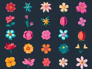 Fototapeta premium Colorful Flower Icons Set on Dark Background