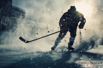 Obraz premium Silhouette of hockey player on icy outdoor rink