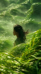 Graceful girl swims in lush grass, blurred movement, organic beauty.generative ai