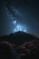 Minimalistic illustration of a hill with three crosses, under a network of stars, on a night blue background, concept for connectivity through faith.