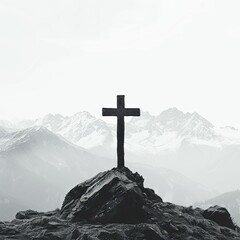 A tranquil blend of faith and nature, the cross meets the Himalayan peaks on a serene white backdrop for financial tranquility. - obrazy, fototapety, plakaty