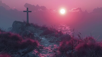 Silhouette of a cross on a hill with minimalist geometric shapes, dawn of financial clarity on a mauve background. - obrazy, fototapety, plakaty