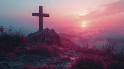 The dawn illuminates the silhouette of a cross on a hill, alongside geometric shapes, symbolizing financial clarity against a mauve backdrop. - obrazy, fototapety, plakaty